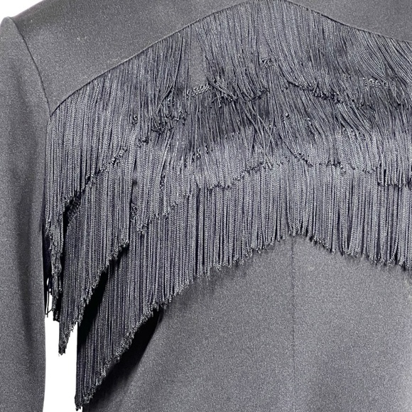 VINTAGE Long Sleeve Black Fringe Evening Gown Cocktail Dress Size 4-6 Medium - Picture 4 of 16